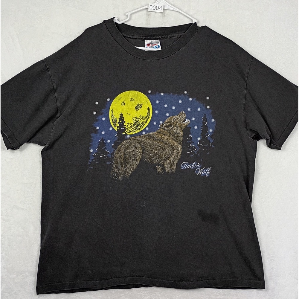Hanes‎ Beefy-T Timber Wolf Howling Moon Vintage Graphic Tee Black XL